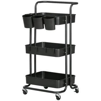 HOMCOM Carucior de Bucatarie Multifunctional cu 3 Nivele, Cosuri si Carlige Detasabile, 42x38x86.5 cm, Negru | Aosom Romania imagine