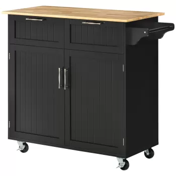 HOMCOM Carucior de bucatarie multifunctional din lemn cu 2 sertare, dulapior si 4 roti, 104x46x91cm, negru imagine