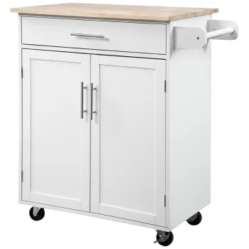 HOMCOM Carucior de bucatarie pe roti carucior de servire insula de bucatarie cu sertar, dulap si suport pentru prosoape - alb | Aosom Romania imagine