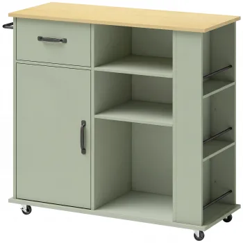 HOMCOM Carucior de bucatarie pe roti, insula centrala cu sertar, usa, compartimente deschise si suport pentru condimente, verde | Aosom Romania imagine