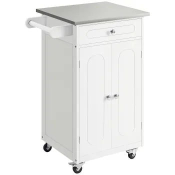 HOMCOM Carucior de servire carucior de bucatarie cu roti multi-depozitare 1 sertar lada 2 usi cu raft suport pentru prosoape MDF alb otel inoxidabil | Aosom Romania imagine