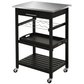 HOMCOM Carucior de Servire, carucior pentru bucatarie cu raft pentru sticle, 60L x 40l x 85h cm, blat din inox, negru | Aosom Romania imagine