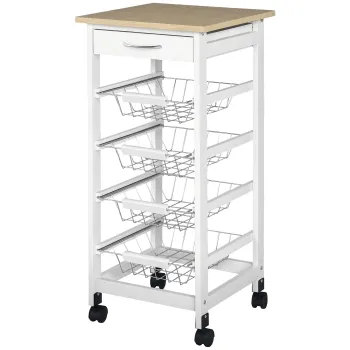 HOMCOM Carucior de servire masuta cu roti multi-rangements 4 cosuri metal + sertar lemn de pin 37 x 37 x 82 cm alb | Aosom Romania imagine