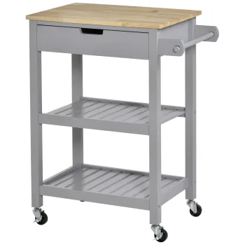 HOMCOM Carucior de servire pentru bucatarie pe roti cu blat din lemn de hevea - 2 rafturi, 1 sertar si 1 suport pentru prosoape | Aosom Romania imagine