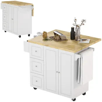 HOMCOM Carucior insula de bucatarie cu blat rabatabil 3 sertare 1 dulap suport pentru prosoape si suport pentru condimente 111,5 x 75 x 89 cm alb | Aosom Romania imagine