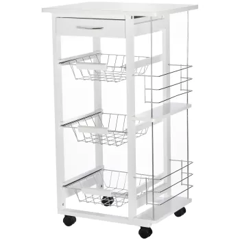 HOMCOM Carucior Insula de Bucatarie cu Economisire de Spatiu din Lemn de Pin Alb cu 4 Roti Sertar e Cosuri Detasabile Suport Fructe | AOSOM RO imagine