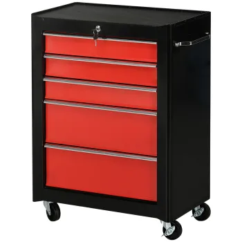HOMCOM Carucior pentru scule pe roti, Servanta de atelier din otel 5 sertare inchidere cu 2 chei, 61,5 x 33 x 82,5 cm, rosu | Aosom Romania imagine