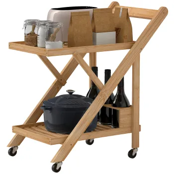 HOMCOM Carucior Portavivande Pliabil de Bucatarie cu 2 Nivele si Suport pentru Sticle | Aosom Romania imagine