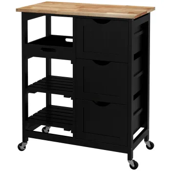 HOMCOM Carucior servire bucatarie pe roti, blat din lemn, 3 sertare si 1 blat detasabil, 67 x 37 x 85,5 cm, negru | Aosom Romania imagine