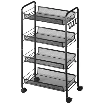 HOMCOM Carucior Utilitar cu 4 Niveluri, Design Rulant cu Cosuri de Plasa si Carlige, 45x26.5x84cm, Ideal pentru Bucatarie si Birou | Aosom Romania imagine