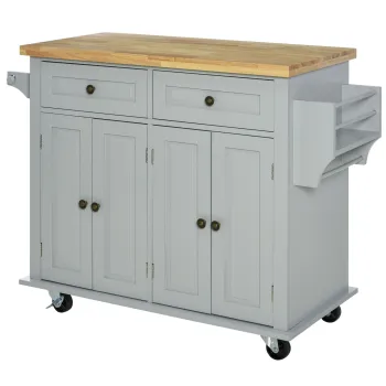 HOMCOM Carut de Bucatarie cu 2 Sertare si 2 Dulapuri, Insula de Bucatarie cu Blat din Lemn, 111x44,5x82,5 cm, Gri | Aosom Romania imagine