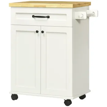 HOMCOM Carut de bucatarie pe roti cu multiple depozitari 1 sertar 1 dulap 1 suport pentru prosoape alb cu blat din lemn | Aosom Romania imagine