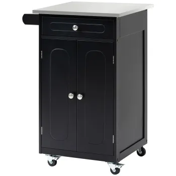 HOMCOM Carut de servire pentru bucatarie pe roti, multiple spatii de depozitare, 1 sertar, dulap cu 2 usi si raft, suport prosop, MDF negru, otel inoxidabil | Aosom Romania imagine