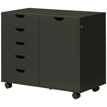 HOMCOM Cazior de birou cu 5 sertare 1 usa raft reglabil, suport imprimanta pe role, 78x40x66,5 cm, negru | Aosom Romania imagine