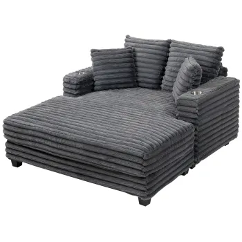 HOMCOM Chaiselongue 2 locuri canapea extensibila mare 134 x 151 cm cu suport pentru pahare pentru living, gri | Aosom Romania imagine