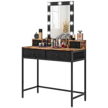 HOMCOM Coafare masa de machiaj oglinda LED reglabila integrata - picior metalic negru - 4 sertare din material textil - Aspect lemn intunecat | Aosom Romania imagine