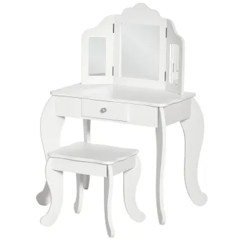 HOMCOM Coafatoare pentru Copii cu Taburet, oglinda triptica si Sertar Culisant - Dimensiuni Coafatoare 63L x 40l x 85,5H cm - Alb Acrilic | Aosom Romania imagine