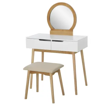 HOMCOM Coafetoare Design scandinav Masa de Machiaj cu Oglinda, 2 sertare si Taburet Alb pin Deschis | Aosom Romania imagine