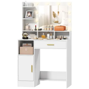 HOMCOM Coafura cu oglinda si 10 lumini LED, luminozitate reglabila, sertar, dulap si rafturi deschise, 80x40x135cm, alb | Aosom Romania imagine