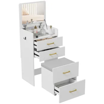 HOMCOM Coasa cu oglinda si taburet 3 in 1, 3 sertare si placa de sticla vizibila, perna tapitata, 48 x 40 x 90 cm, alb | Aosom Romania imagine