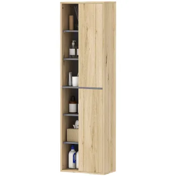HOMCOM Coloana de Baie de Perete Dulap de Baie cu Compartimente Deschise si 2 Usi 40x24x141,5 cm Natural | Aosom Romania imagine