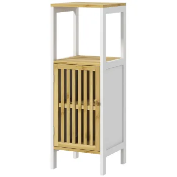 HOMCOM Coloana de baie Dulap auxiliar de baie cu 1 raft deschis 1 usa si 1 raft reglabil 32x30x90,5 cm Natural | Aosom Romania imagine