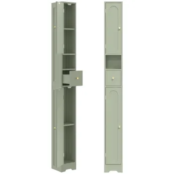 HOMCOM Coloana pentru baie, corp de depozitare, 2 usi, sertar, compartiment deschis, raft reglabil, verde | Aosom Romania imagine