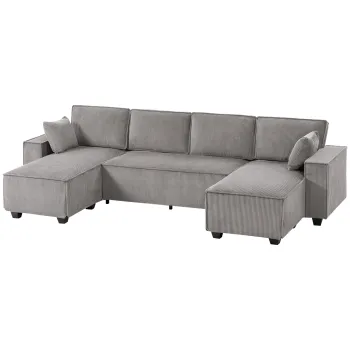 HOMCOM Coltar cu doua chaise-longue, canapea in forma de U din material cord cu sezut lat si adanc, perne cu arc, Gri deschis | Aosom Romania imagine