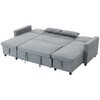 HOMCOM Coltar cu functie de dormit si spatiu de depozitare, forma U, canapea 4 locuri cu chaiselongue, spatar reglabil, aspect de in | Aosom Romania imagine