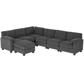HOMCOM Coltar forma U canapea cu arcuri in buzunar, cotiere capitonate, otoman mobil, corduroy 292x224x85 cm Gri inchis | Aosom Romania imagine