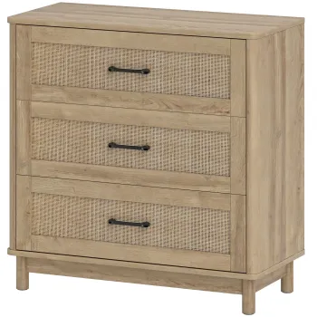 HOMCOM Comoda 3 Sertare din Ratan, Mobilier de Depozitare, Picioare din Lemn Masiv, Stil Boem, 76x35x76cm, Stejar | Aosom Romania imagine