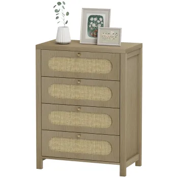 HOMCOM Comoda 4 sertare mobilier de depozitare stil boemian cu usi din rachita, 70 x 38 x 93 cm, efect lemn natural | Aosom Romania imagine