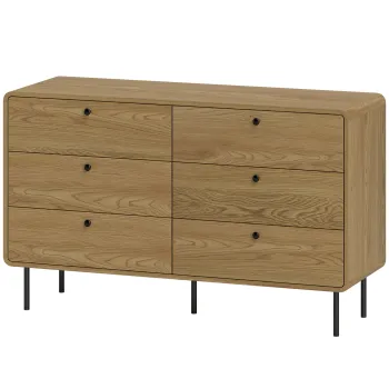 HOMCOM Comoda 6 sertare mobilier de depozitare stil modern colturi rotunjite si picioare din otel 120 x 40 x 75cm efect lemn de stejar | Aosom Romania imagine
