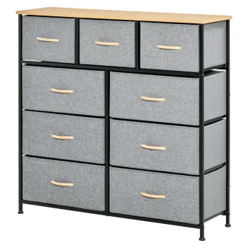 HOMCOM Comoda 9 sertare mobilier de depozitare sertar din material textil pliabil - structura otel negru - 100 x 30 x 100 cm, stejar si gri | Aosom Romania imagine