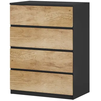 HOMCOM Comoda cu 4 Sertare din Lemn cu Sine Metalice si Manere Frezate, 60x40x80 cm, Negru si Stejar | Aosom Romania imagine