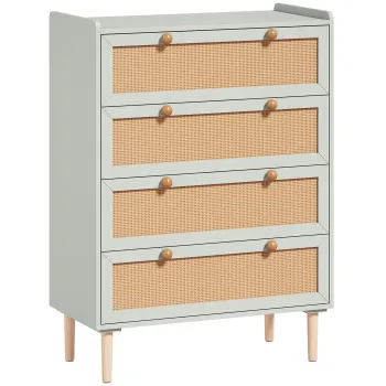 HOMCOM Comoda cu 4 sertare din lemn si ratan PVC, stil boem, pentru dormitor, hol, coridor, 80x40x109,2cm, Verde salvie | Aosom Romania imagine