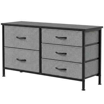 HOMCOM Comoda cu 5 sertare din material textil Comoda pentru Dormitor Cadru din Otel Comoda pentru Living Birou Gri Inchis si Negru | Aosom Romania imagine
