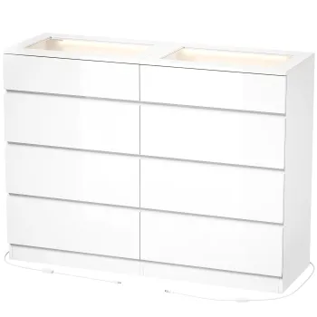 HOMCOM Comoda cu 8 Sertare cu 2 Sertare pentru Bijuterii Blat din Sticla Securizata Lumini LED si Control Bluetooth Alba | Aosom Romania imagine