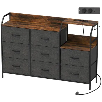 HOMCOM Comoda cu 8 sertare din material textil, cadru din otel, statie de incarcare, Rustic-Maro+Negru | Aosom Romania imagine