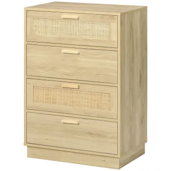 HOMCOM Comoda design boem din ratan cu 4 sertare, mobilier de depozitare pentru living, hol, intrare, lemn natural | Aosom Romania imagine