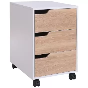 Homcom Comoda din MDF cu 3 Sertare si Roti pentru Birou sau Studio Alba si Lemn 31x37x7.2cm imagine