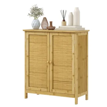 HOMCOM Comoda in Stil Boho din Rattan si Bambus, Dulap cu 2 Usi si Raft Interior, 60x27x67.5 cm, Lemn Natural | Aosom Romania imagine