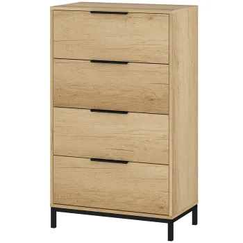 HOMCOM Comoda inalta pentru dormitor cu 4 sertare, manere metalice, comoda ingusta pentru living/hol 62x35x105 cm Natural | Aosom Romania imagine