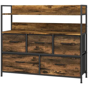 HOMCOM Comoda, mobilier de depozitare, 5 sertare din material textil pliabile si detasabile si rafturi, 98 x 29 x 85 cm, maro rustic | Aosom Romania imagine