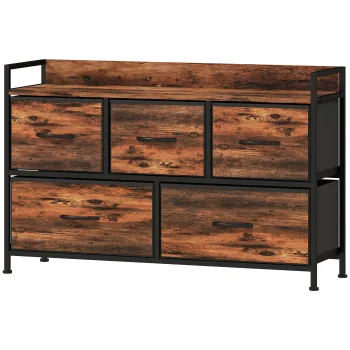 HOMCOM Comoda, mobilier de depozitare cu 5 sertare pliabile din tesatura, blat si cadru din otel, 98 x 29 x 63 cm, maro rustic | Aosom Romania imagine