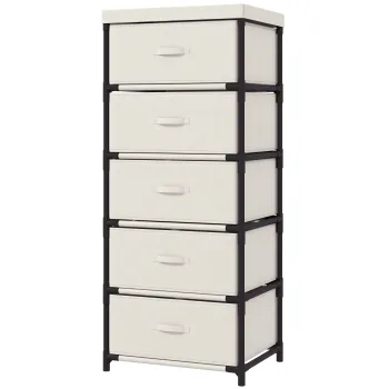 HOMCOM Comoda pentru dormitor cu 5 sertare din textil, cadru din otel, comoda pentru living, birou, dressing, bej | Aosom Romania imagine