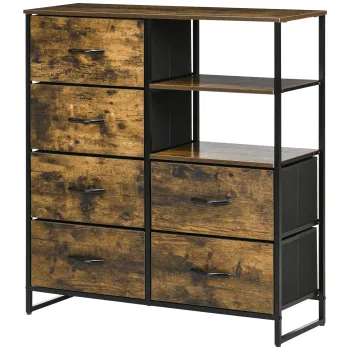 HOMCOM Comoda Pliabila cu 6 Sertare, 2 Rafturi Deschise din Material si Picioare Reglabile, 84x30x92 cm, Maro Rustic | Aosom Romania imagine