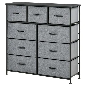 HOMCOM Comoda Pliabila cu 9 Sertare din Tesatura, Blat din Lemn MDF si Picioare Reglabile, 84x30x92 cm, Gri | Aosom Romania imagine