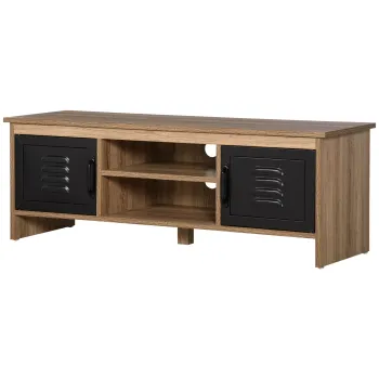 HOMCOM Comoda TV 110 cm, Design Industrial, cu 2 dulapuri, 2 nise, 2 orificii pentru cabluri, Aspect lemn cu vene, Usi metal negre | Aosom Romania imagine