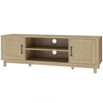 HOMCOM Comoda TV 135 cm, mobilier TV pentru televizor pana la 165,1 cm cu 2 usi din ratan, 2 compartimente deschise, stejar | Aosom Romania imagine